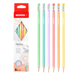 Kores - Grafitos Collage Style : Crayons Graphite HB pour Enfants et Adultes, Crayons en Bois Recouverts de Couleurs Pastel Tendance avec Gommes Sans Latex, pour Écrire, Dessiner et Croquis, Pack de 6