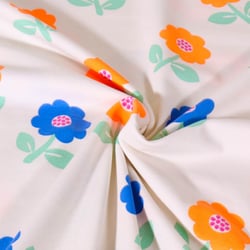 Tissu Jersey Coton Poppy Fleurs bleues et orange fluo sur fond Blanc