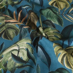 Tissu Toile de Coton Canvas Feuilles tropicales sur fond Bleu canard