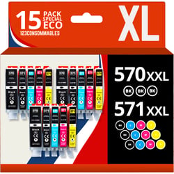 570 571XL - Pack 15 cartouches Canon 570/571 XL compatibles Pixma MG5751 MG5752 - 123CONSOMMABLES
