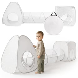 Tente Tunnel Enfant Pop-Up 3 en 1 Triangle Cube Labyrinthe Dim 302x80cm Gris