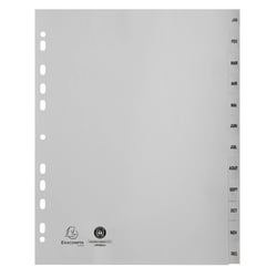 Intercalaires imprimés mensuels PP recyclé gris Janvier-Décembre 12 positions - A4 Maxi - Gris - x 10 - Exacompta