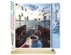 Peinture par Numéro Figured'Art - Café et Mouettes au bord de l'eau - Kit de Loisir Créatif DIY Numéro d'Art Complet - 40x50cm toile roulée + châssis en bois à monter