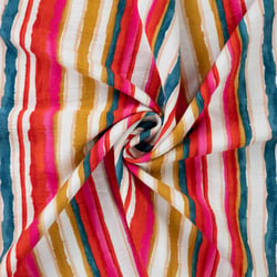 Tissu Viscose texturé Rayures Aquarelle Fuschia & Bleu Canard sur fond Ivoire
