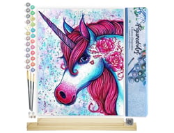 Peinture par Numéro Figured'Art - Licorne rouge et bleu - Kit de Loisir Créatif DIY Numéro d'Art Complet - 40x50cm toile roulée + châssis en bois à monter