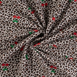 Tissus Jersey Coton imprimé Cerises et léopard sur fond Ecru