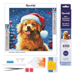 Mini Diamond Painting Broderie Diamant Figured’Art 25x25cm toile entière roulée avec diamants ronds - Chien Mignon à Noël