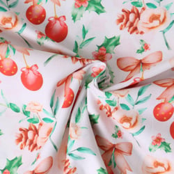 Tissu Coton imprimé Nélya décorations de Noël Rouges sur fond Blanc - Au mètre