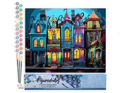 Peinture par Numéro Figured'Art - Maisons gothiques colorées - Kit de Loisir Créatif DIY Numéro d'Art Complet - 40x50cm sans châssis en bois