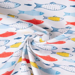 Tissu Coton Sergé d'ameublement Sardinades rouge jaune bleu sur fond Blanc