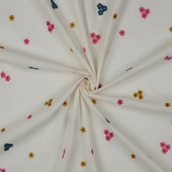 Tissu Voile de Coton brodé Petites fleurs Rose, Bleu et Or sur fond Ecru