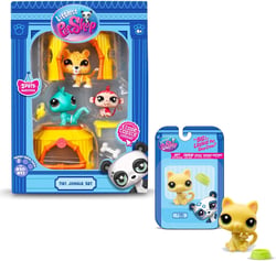 Bandai - Littlest Pet Shop - Pack Exclusif Tiki Jungle : 3 Figurines et Accessoires + 1 Figurine Supplémentaire (Petit Chat Jaune) - Licence Officielle - Mini Figurines - Jouet Enfant 4 Ans et +