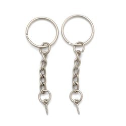 10 ANNEAUX PORTES cles CLEFS metal argente 25 mm avec chainette et tiges a vis - creation bijoux perles