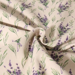 Tissu Toile de Coton aspect Lin Lavande sur fond Naturel