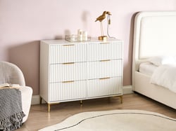 Commode Blanche en MDF avec 6 Tiroirs Cannelés Pieds en Métal Meubles de Salon Chambre Design Style Moderne
