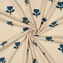 Tissu Jersey Coton côtelé Bio Tulipes Bleu sur fond Ecru