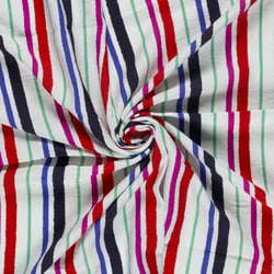 Tissu Crêpe de Viscose Lucien rayures Noir, Bleu et Rouge sur fond Blanc