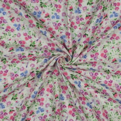 Tissu Double gaze de Coton digital petites fleurs Rose, Lilas & Bleu sur fond Ecru