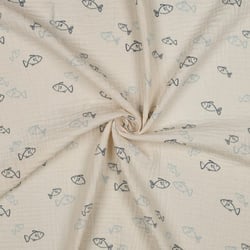 Tissu Double gaze de Coton Bio Elisa petits poissons Bleu sur fond Ecru