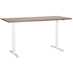 Bureau Électrique Réglable Plateau Bois Foncé et Structure Acier Blanc 180 x 80 cm Hauteur Ajustable Assis-Debout Pieds Ronds Design Moderne