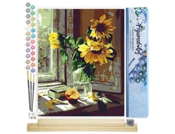 Peinture par Numéro Figured'Art - Tournesols et Pomme devant la Fenêtre - Kit de Loisir Créatif DIY Numéro d'Art Complet - 40x50cm toile roulée + châssis en bois à monter