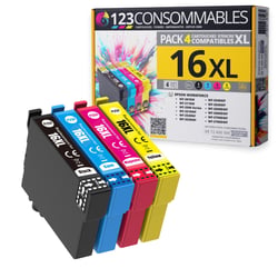 123CONSOMMABLES - 16XL - Pack de 4 Cartouches d'encre Compatible avec Epson Workforce WF-2750 WF-2760 WF-2660 WF-2650 WF-2630 WF-2540 WF-2530 WF-2510 WF-2010 - 123CONSOMMABLES