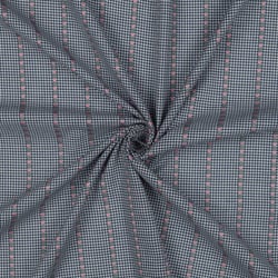Tissu Voile de Coton imprimé Petits carreaux Bleu brodées de Roses sur fond Blanc