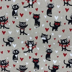 Tissu Toile de Coton Chat Love sur fond Naturel