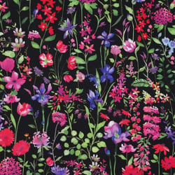 Tissu Satin de Viscose digital Floral vert et rouge sur fond Noir