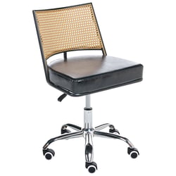 Chaise de Bureau Noire en Cuir PU et Rotin PE Tresse Viennoise Dossier Pivotant Réglable Style Traditionnel