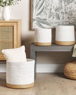 Paniers Blanc et Beige en Jute 20/25/30 cm Ronds Faits Main Rangement Intérieur pour Linge Facile à Entretenir Lot de 3