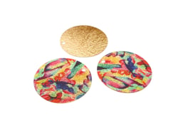 2 breloques rondes 20mm pailletées imprimé multicolore et doré