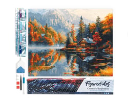 Diamond Painting Broderie Diamant Figured’Art 40x50cm toile entière roulée avec diamants carrés - Cabane au bord du Lac en Automne