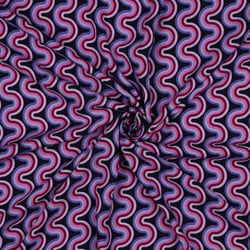 Tissu Viscose imprimé vaguelettes rétro tons Violet sur fond Noir