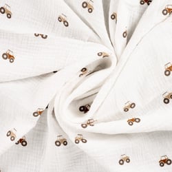 Tissu Double gaze de Coton Tracteurs sur fond Blanc cassé