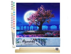 Peinture par Numéro Figured'Art - Arbre et grande Lune - Kit de Loisir Créatif DIY Numéro d'Art Complet - 40x50cm toile roulée + châssis en bois à monter