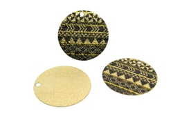 2 Breloques rondes pailletées 20mm imprimé aztèque, ethnique doré et noir