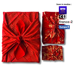 Papier Cadeau Réutilisable Emballage Furoshiki Coton Recyclé 3 pieces en 1 Carédeau Pack Famille 'Amour' en Rouge 100% COTON