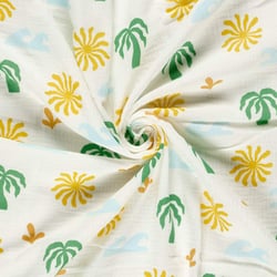 Tissu Double gaze de Coton Miami palmiers sur fond Blanc cassé