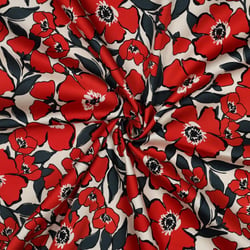 Tissu Coton satiné digital Lola fleurs Rouge sur fond Blanc cassé