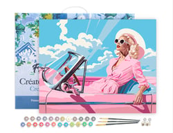 Peinture par Numéro Figured'Art avec Cadre Diva dans une Voiture Rétro Rose - Activité Manuelle Kit de Loisir Créatif DIY Numéro d'Art Complet - 40x50cm toile tendue sur châssis