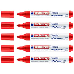 Lot de 5 marqueurs textiles permanents pointe ronde 2-3 mm - EDDING - Rouge