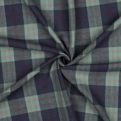 Tissu Lin Viscose carreaux Bleu et quadrillage Rouge sur fond Vert clair
