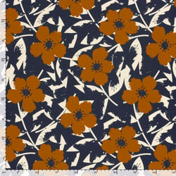 Tissu Sweat léger French Terry Azaléa fleurs Ocre sur fond Bleu nuit