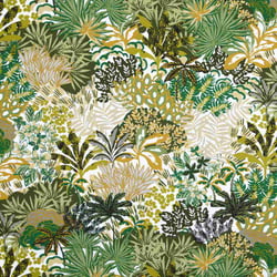 Tissu Toile  Polycoton enduit  végétal vert Garrigue sur fond Blanc - Au mètre