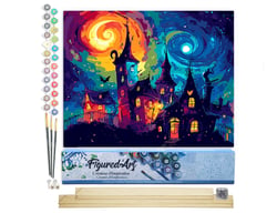 Peinture par Numéro Figured'Art - Château fantastique - Kit de Loisir Créatif DIY Numéro d'Art Complet - 40x50cm toile roulée + châssis en bois à monter