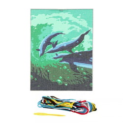 Kit complet canevas 15 x 20 cm motif dauphins fonds marins