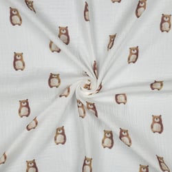 Tissu Double gaze de Coton Bio digital petits Oursons Bruns sur fond Blanc