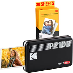 KODAK Pack Mini Imprimante P210 Retro 2 + Cartouche et papier pour 30 photos - Imprimante Connectée Bluetooth - Photos format CB 5,3 x 8,6 cm - Batterie Lithium - Sublimation Thermique 4Pass