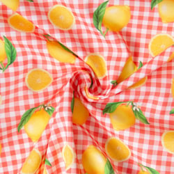 Tissu Coton imprimé Carreaux et citrons, oranges jaunes sur fond Blanc